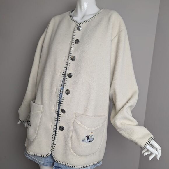Vintage 90s Felted Fleece Jacket, Embroidered Ducks, La Fugue, Size M - Picture 1 of 10